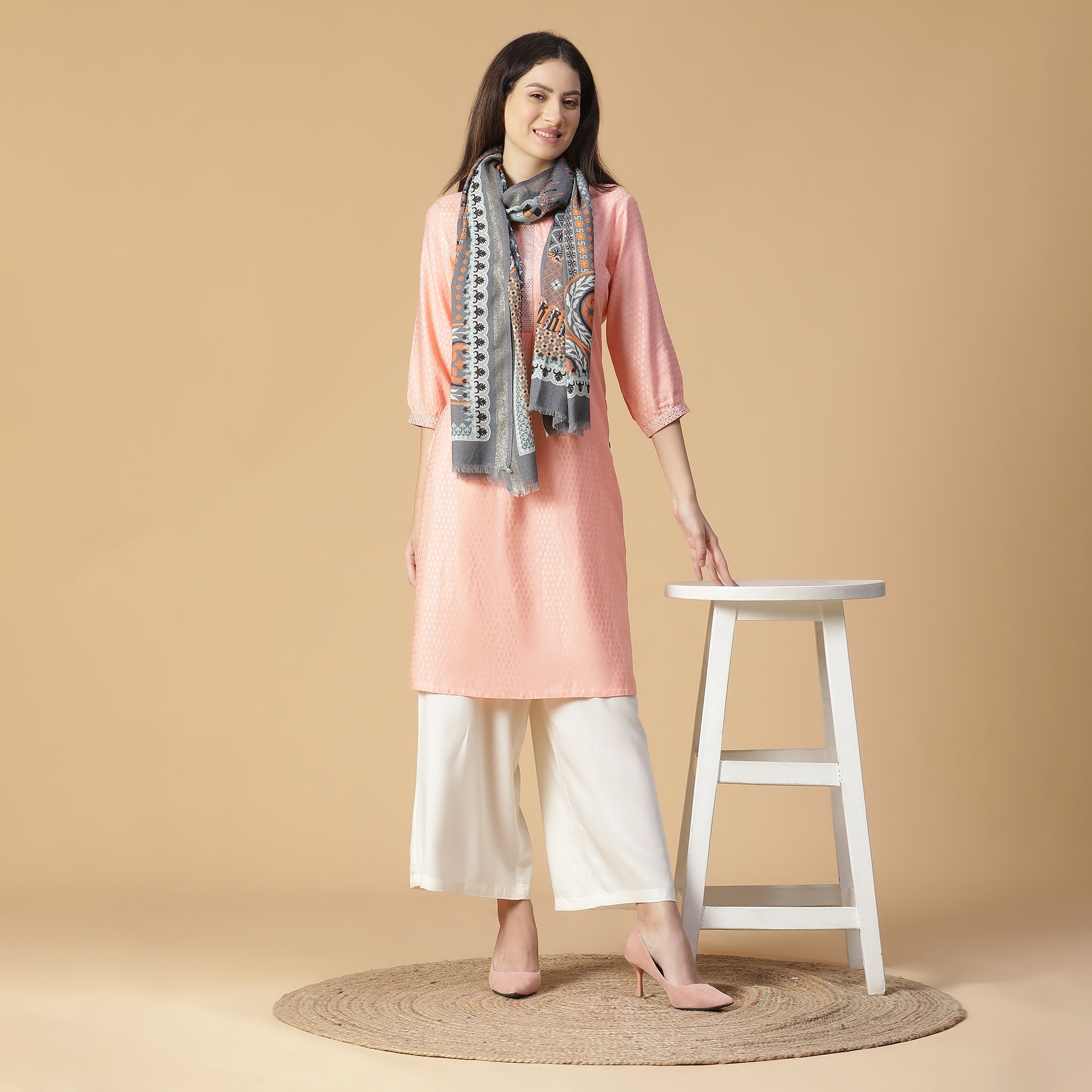 Mandavi Design Printed Woolen Offwhite Stole