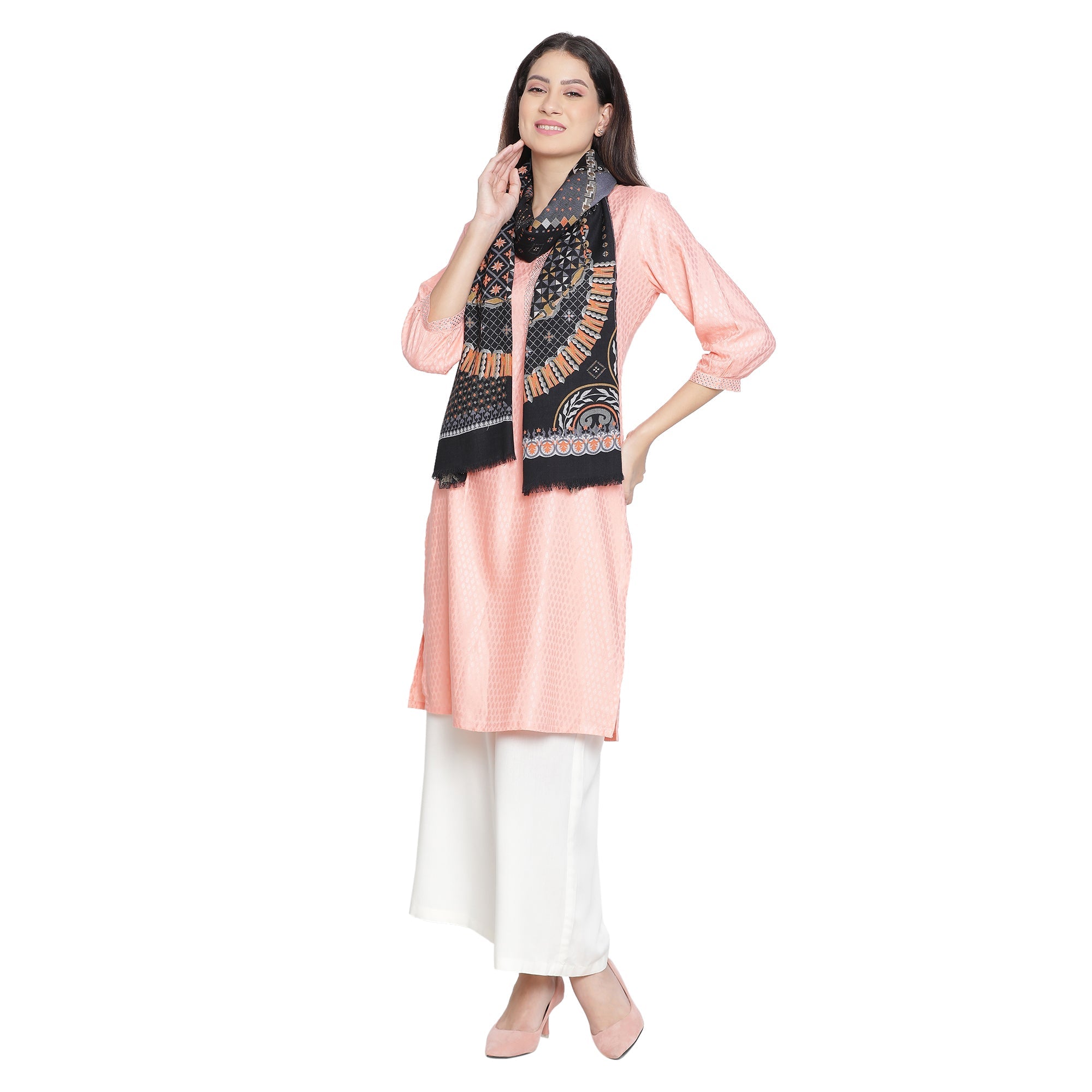 Mandavi Design Printed Woolen Offwhite Stole