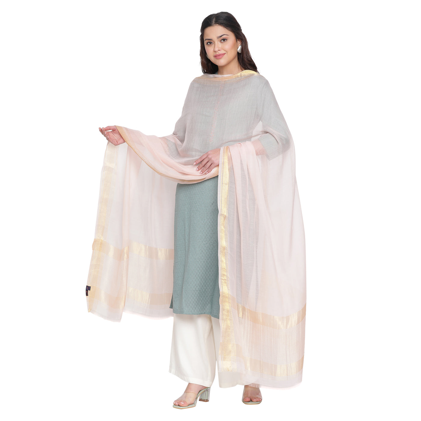 Pink Dobby Woven Zari Dupatta