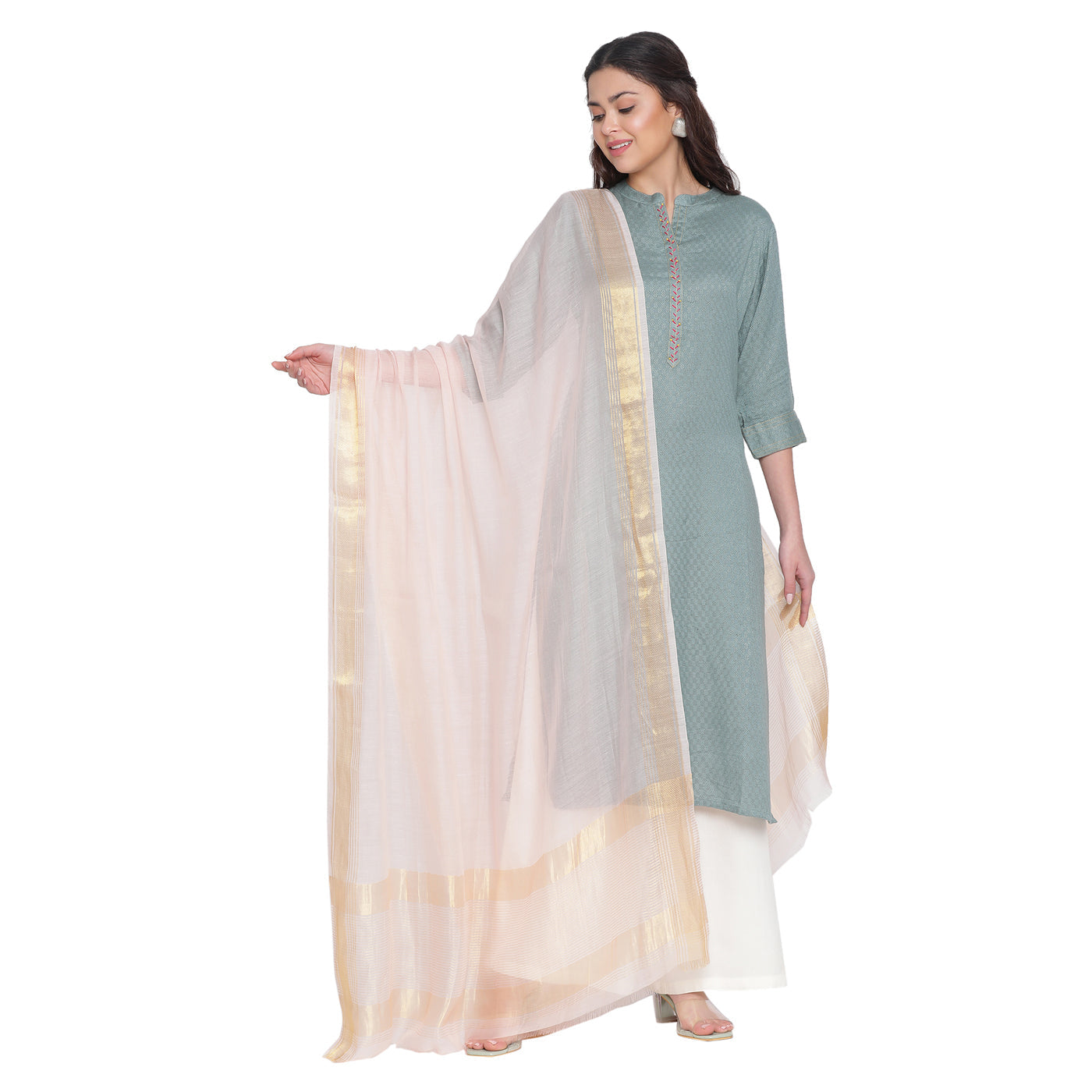 Pink Dobby Woven Zari Dupatta