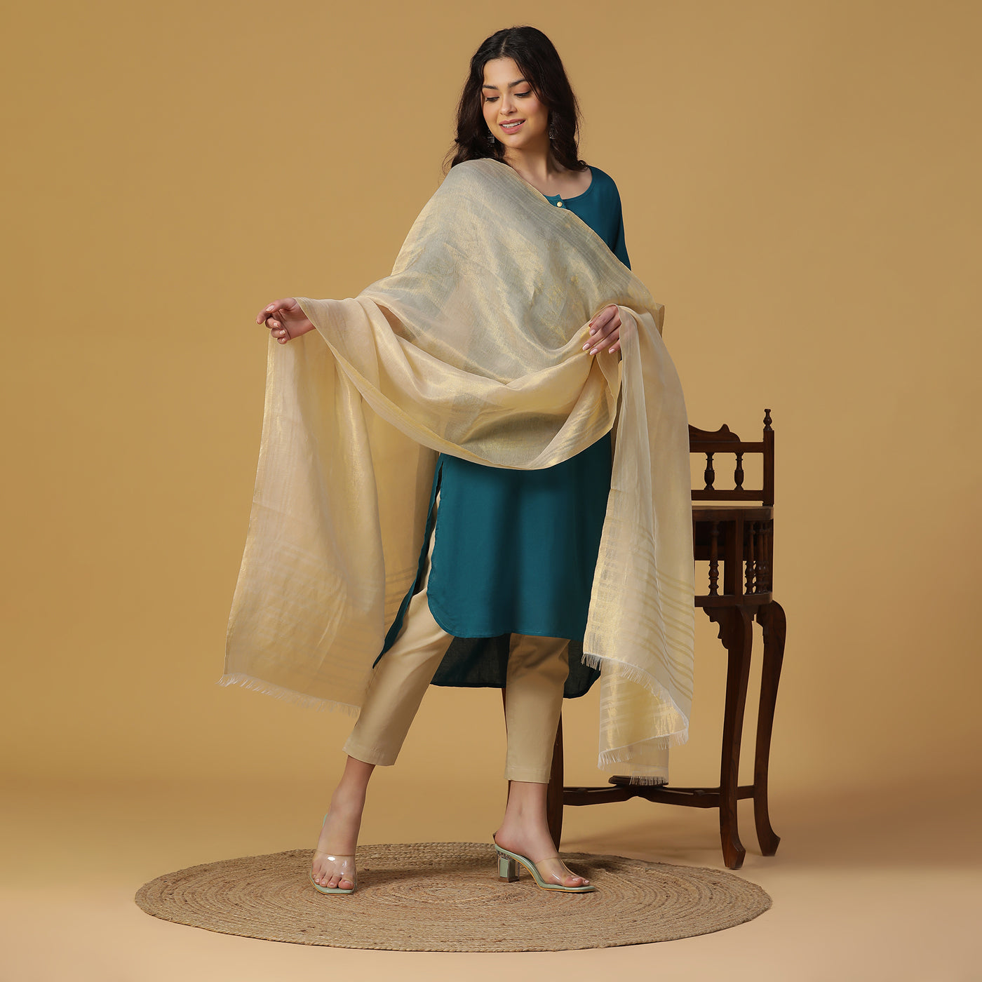 Beige Jacquard Silk Blend Dupatta