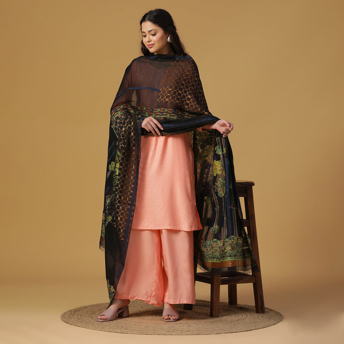 Black Jacquard Tencel/Metallic Blend Dupatta