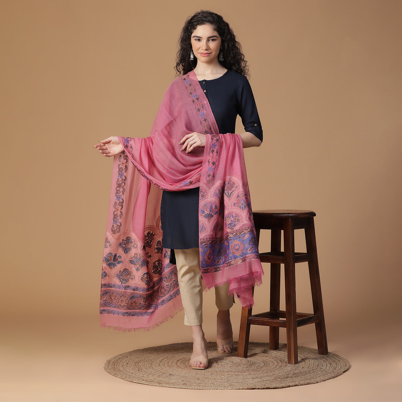 Pink Cupro Metallic Tencel Woven Design Dupatta