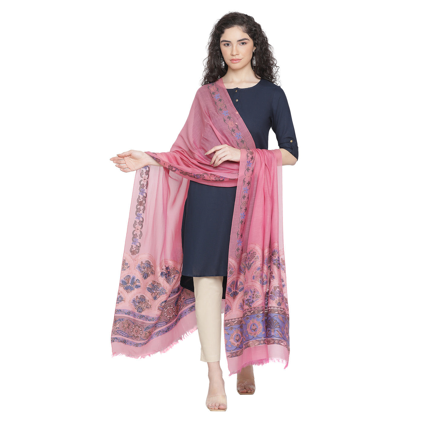 Pink Cupro Metallic Tencel Woven Design Dupatta