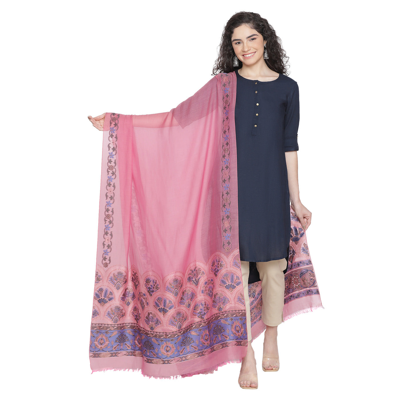 Pink Cupro Metallic Tencel Woven Design Dupatta
