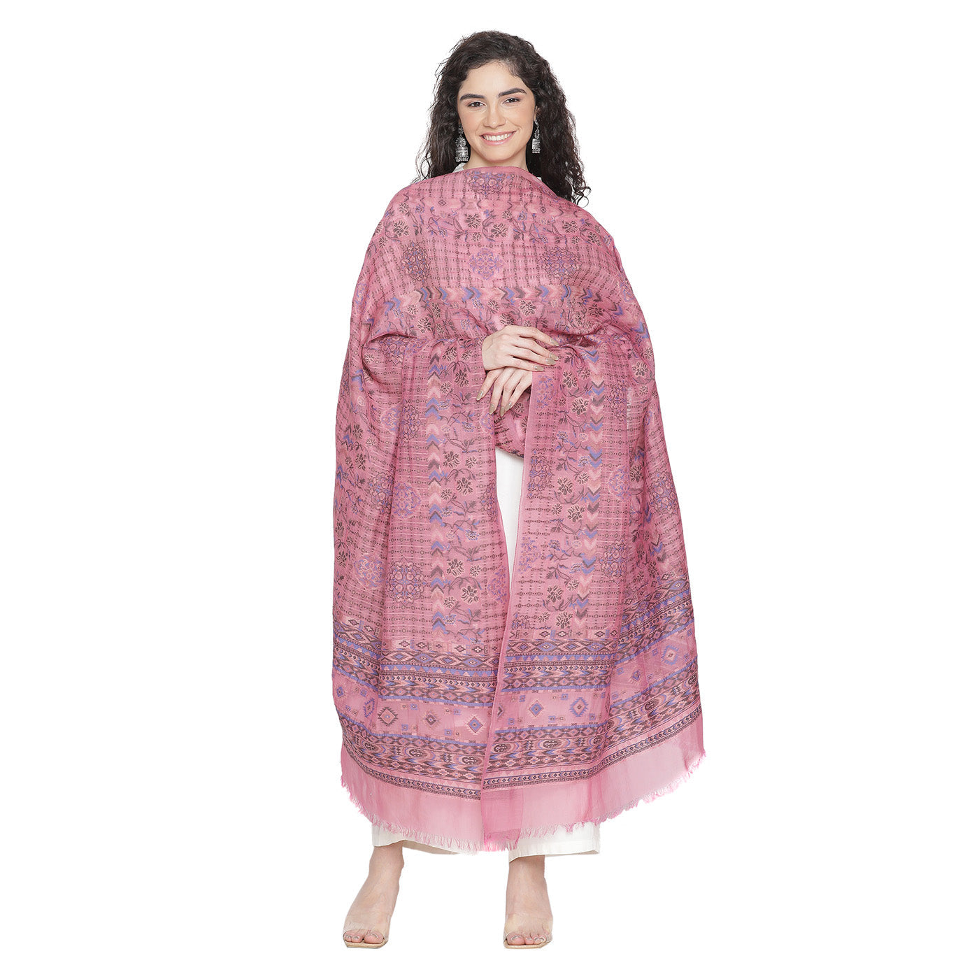 Pink Cupro Metallic Blend Woven Design Dupatta