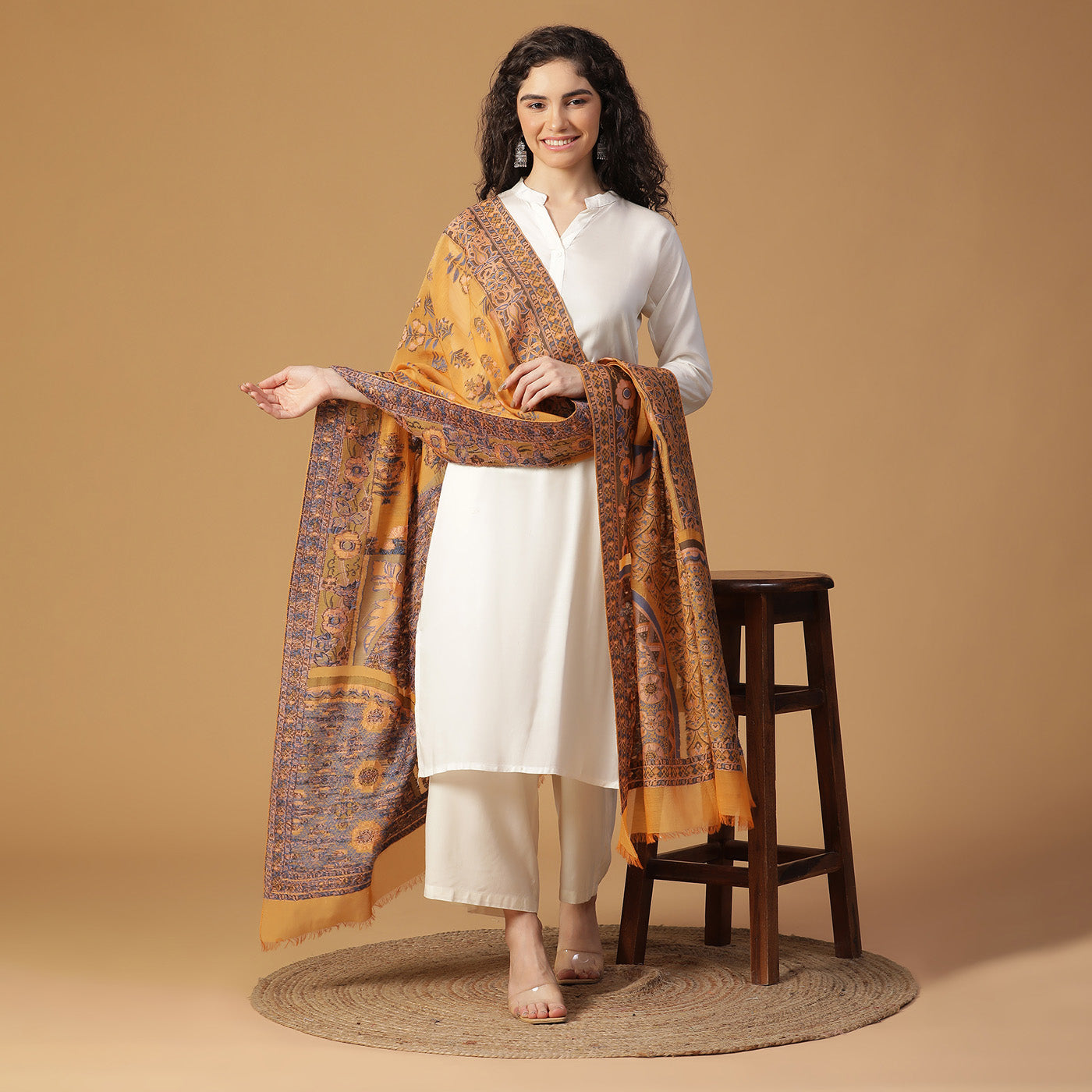 Mustard Cupro Metallic Tencel Blend Woven Design Dupatta