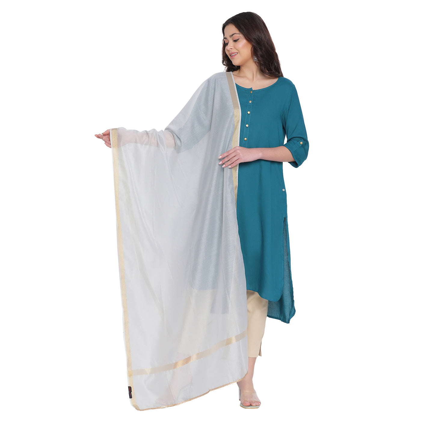 Grey Polyester Cotton Plain Dobby Dupatta