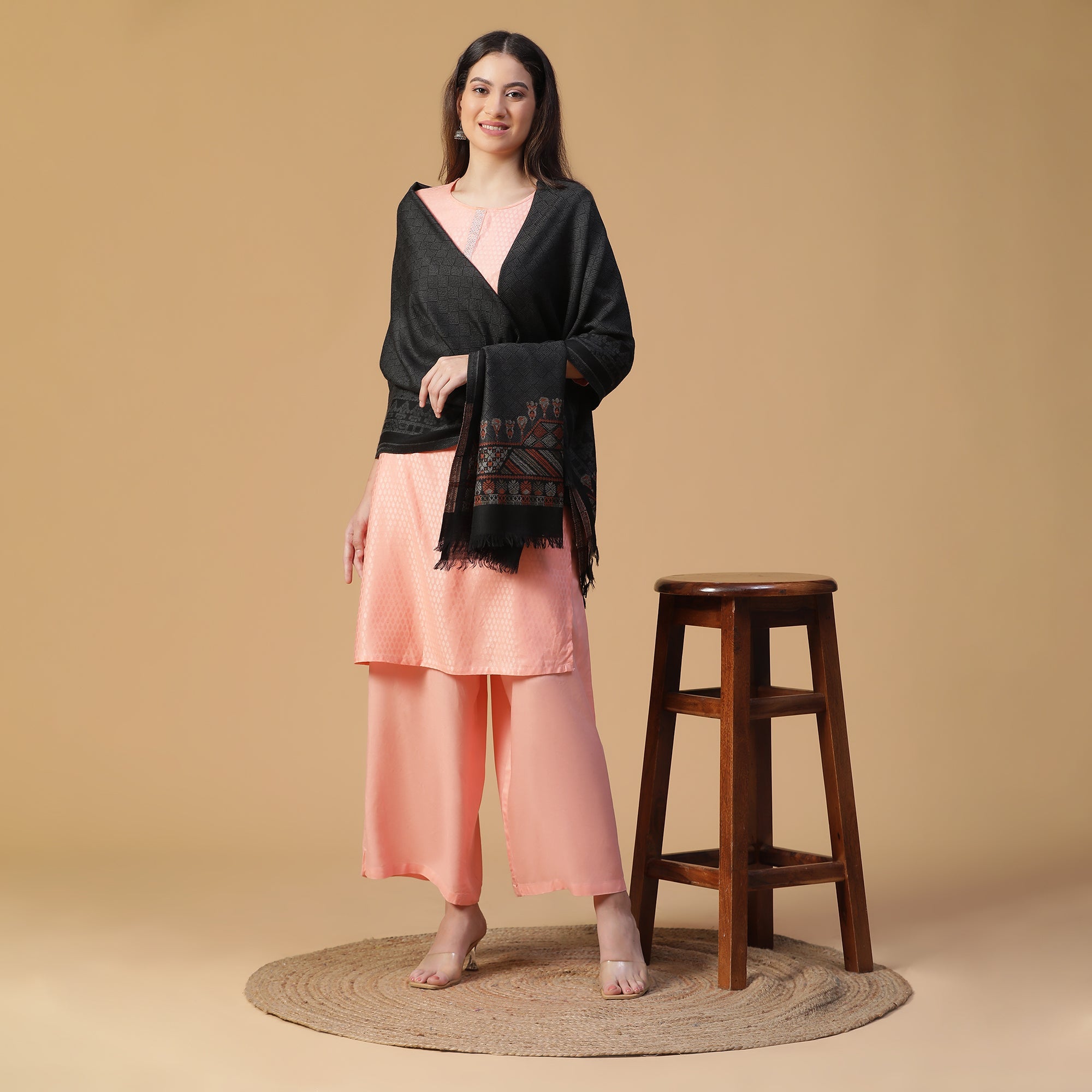 Cream Coloured Wool Printed Shawl