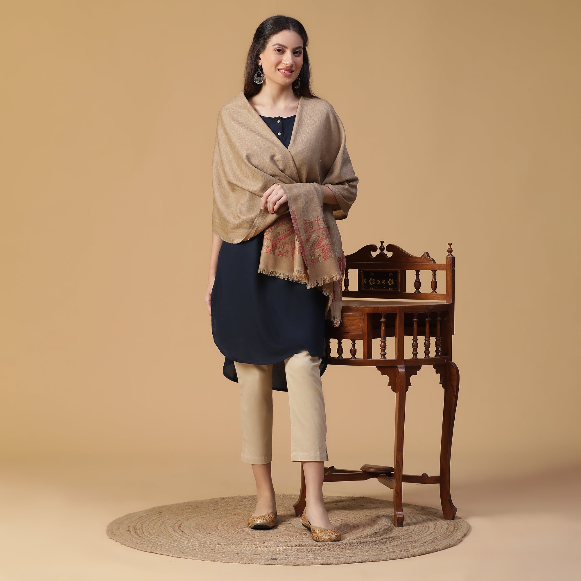 Cream Coloured Wool Printed Shawl