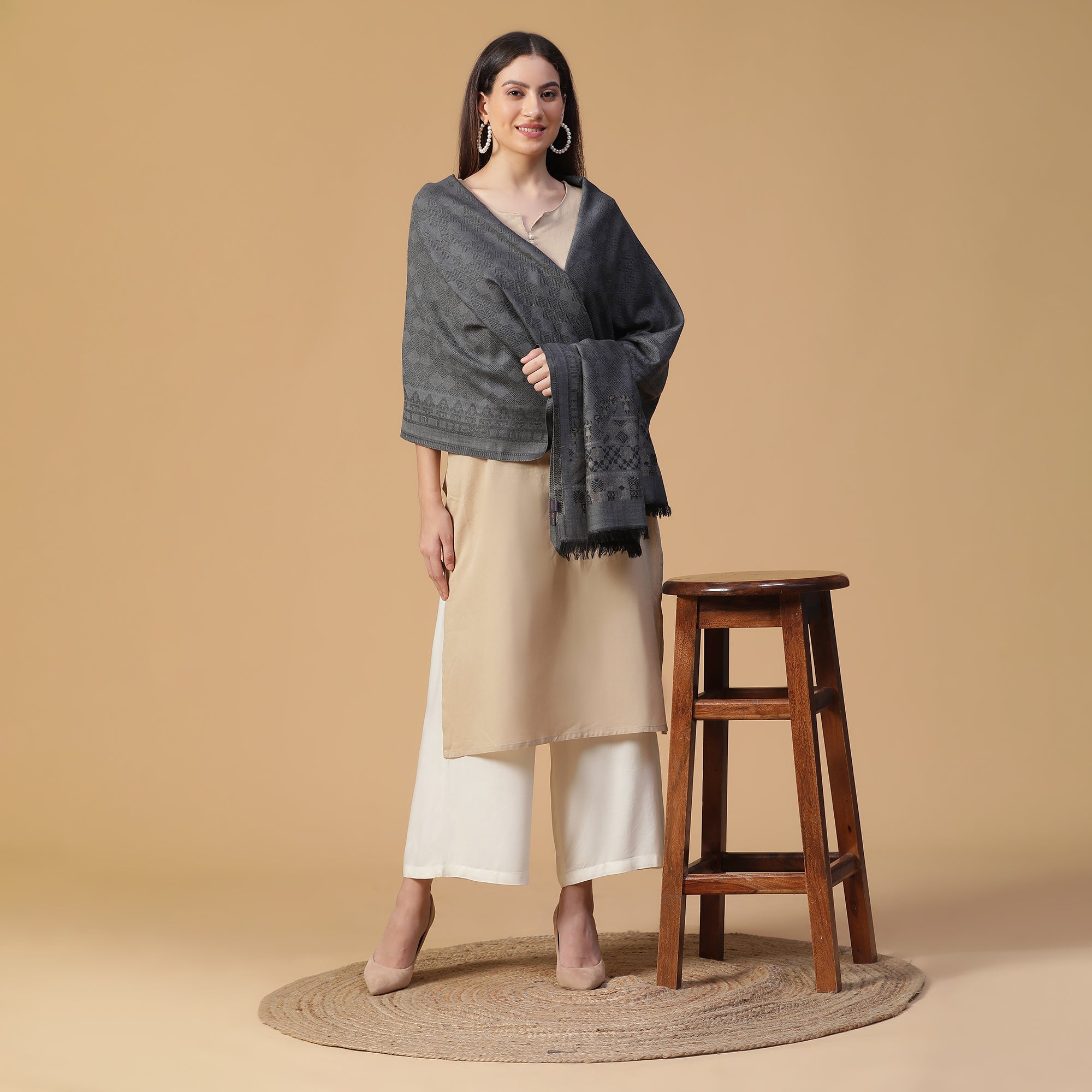 Cream Coloured Wool Printed Shawl