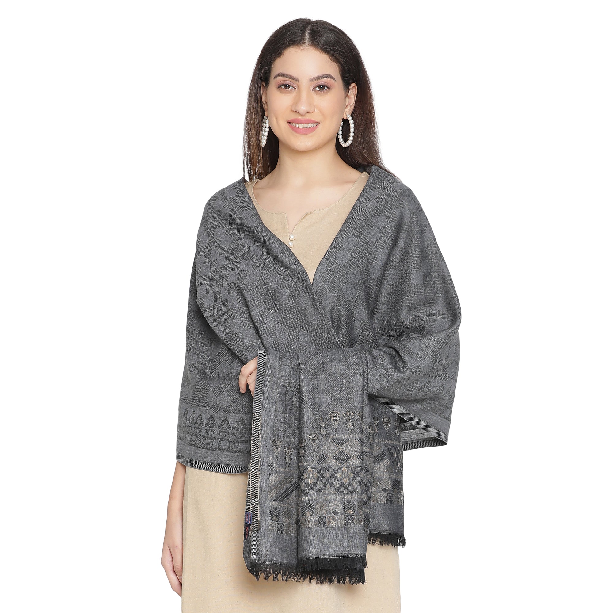 Cream Coloured Wool Printed Shawl