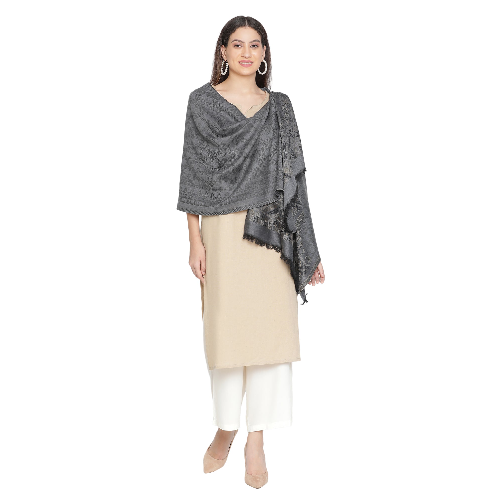 Cream Coloured Wool Printed Shawl