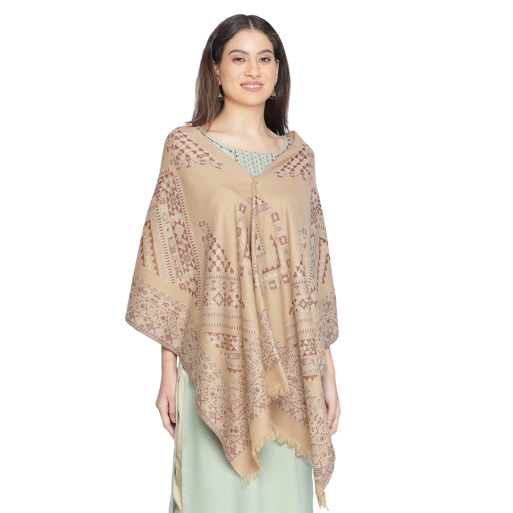 Beige Abstract Wool Woven Design Shawl