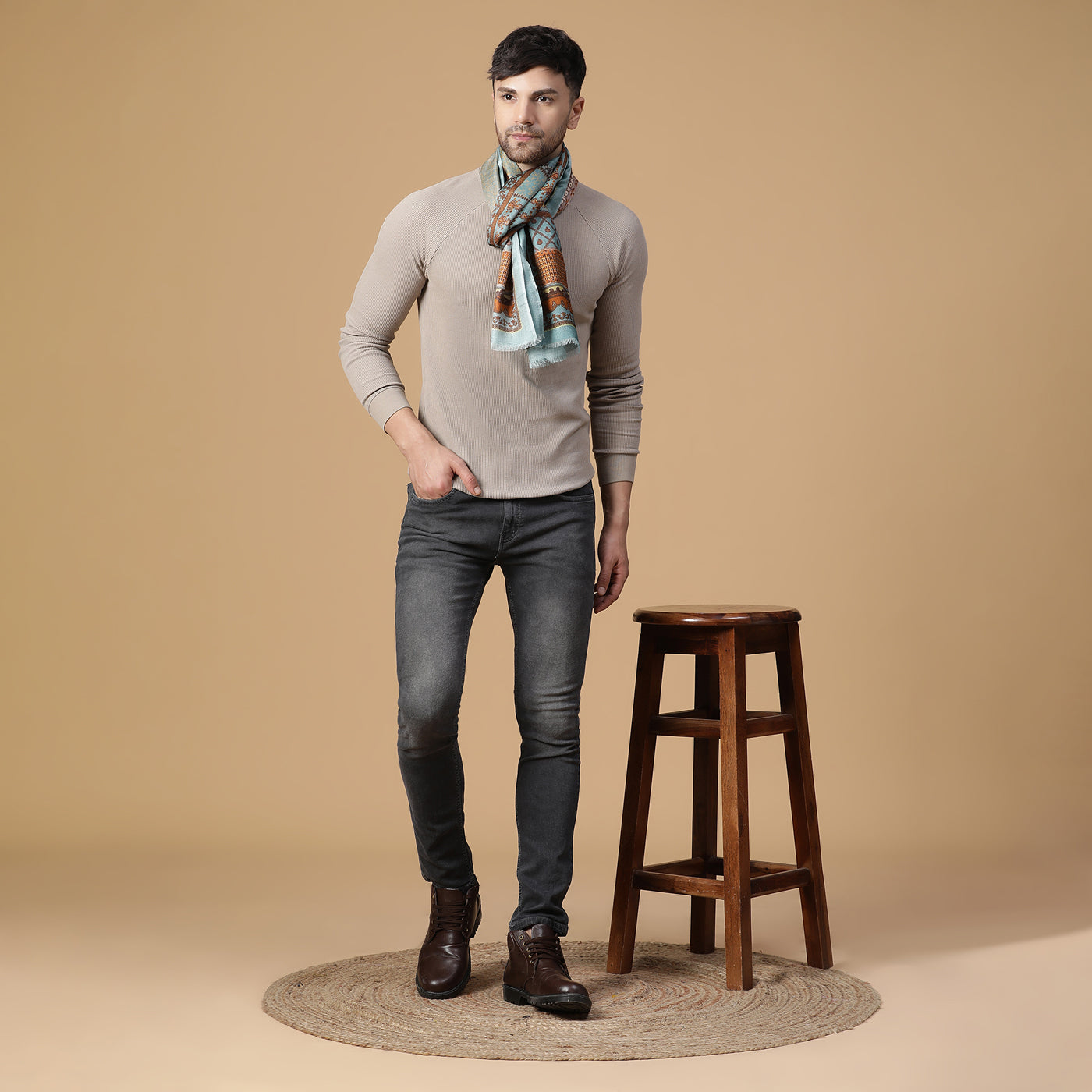 Adeel Sky Blue Wool Silk Printed Muffler