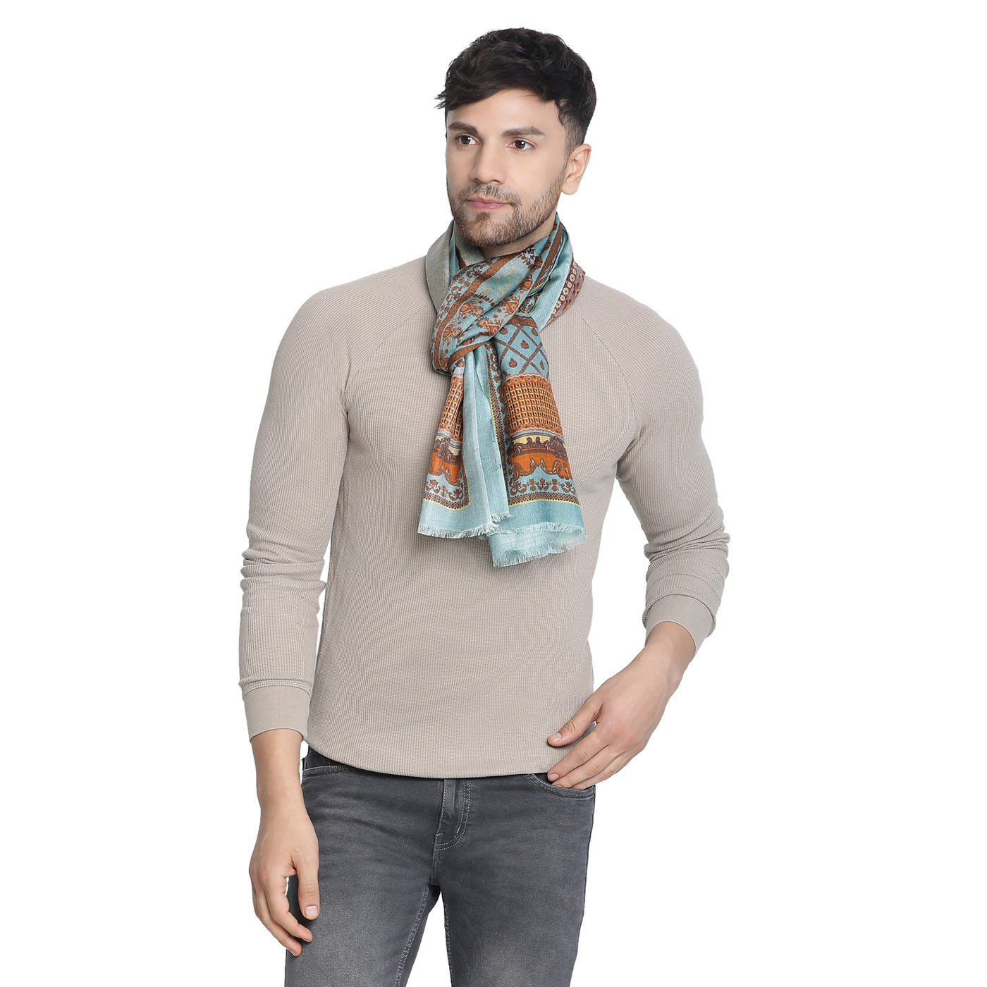 Adeel Sky Blue Wool Silk Printed Muffler
