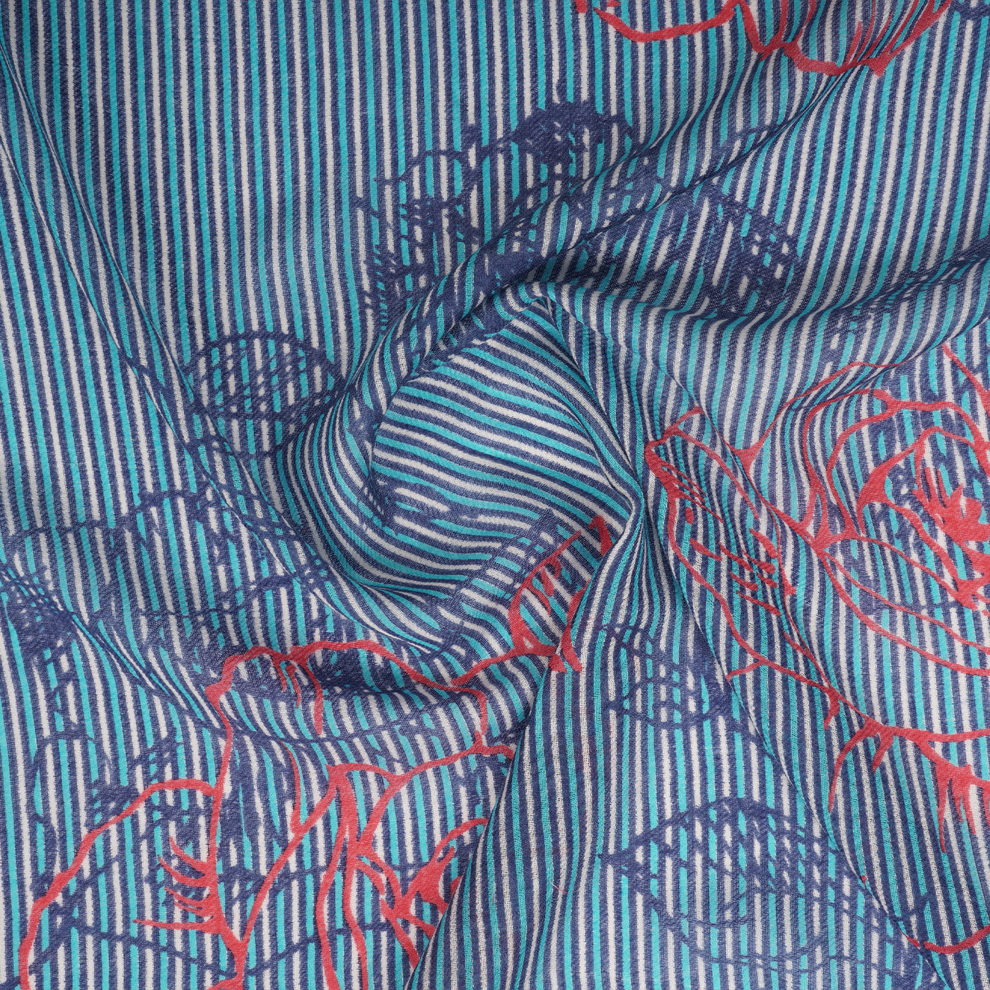 Blue Floral Striped Printed Design Woolen Stole