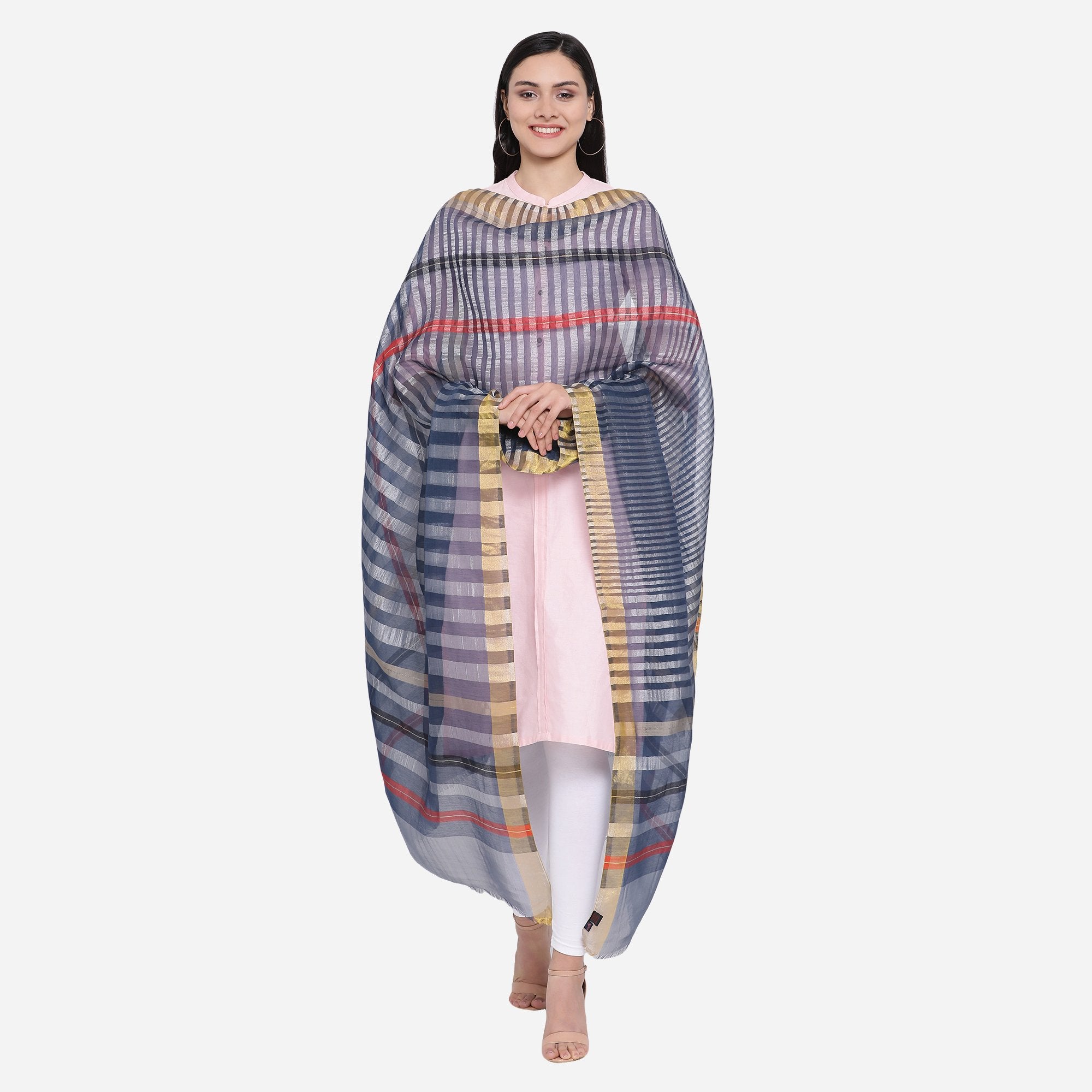 Striped Navy Blue Metallic Silk Dupatta