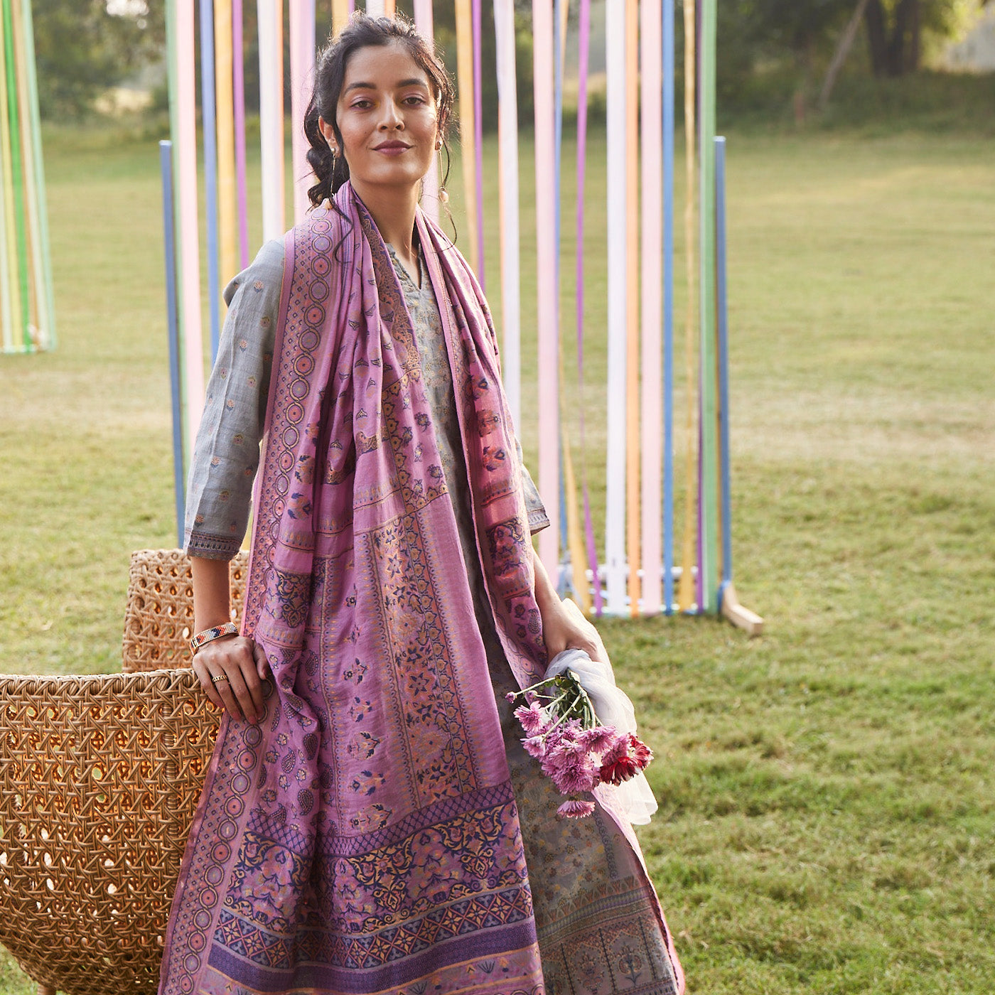 Woven Silk Tencel Blend Mauve Dupatta