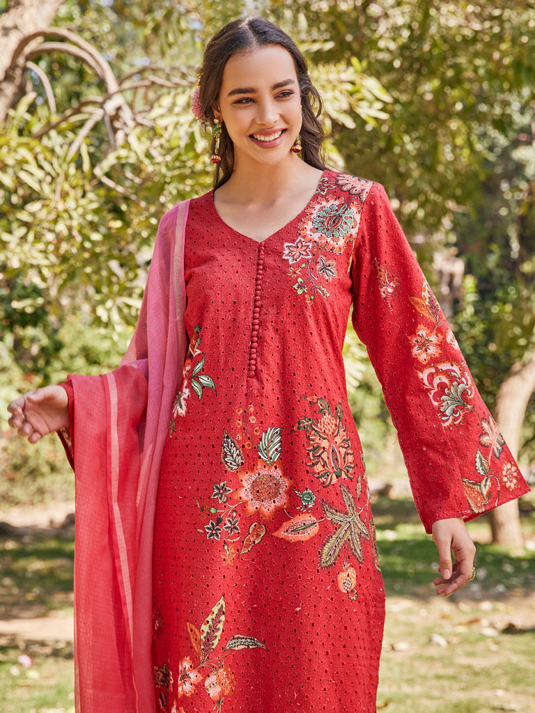 Dharee:Nadia Schiffli Floral Printed Unstitched Suit Set