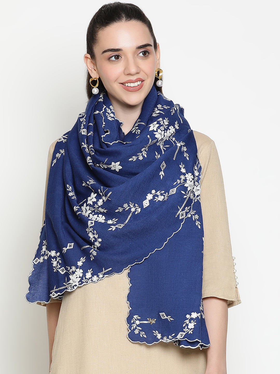 Lurex Embroidered Floral Pure Wool Shawl