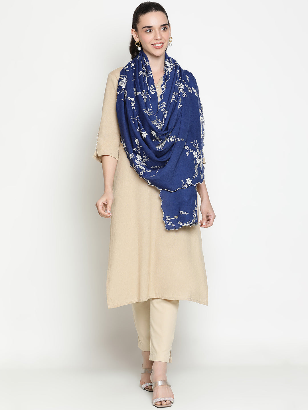 Lurex Embroidered Floral Pure Wool Shawl