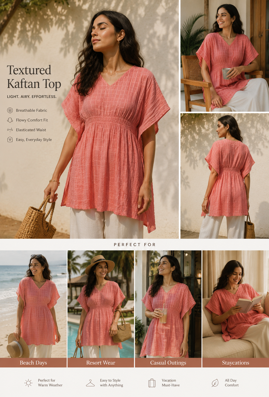 Coral Pink Textured Kaftan Top with V-Neck & Flared Hem