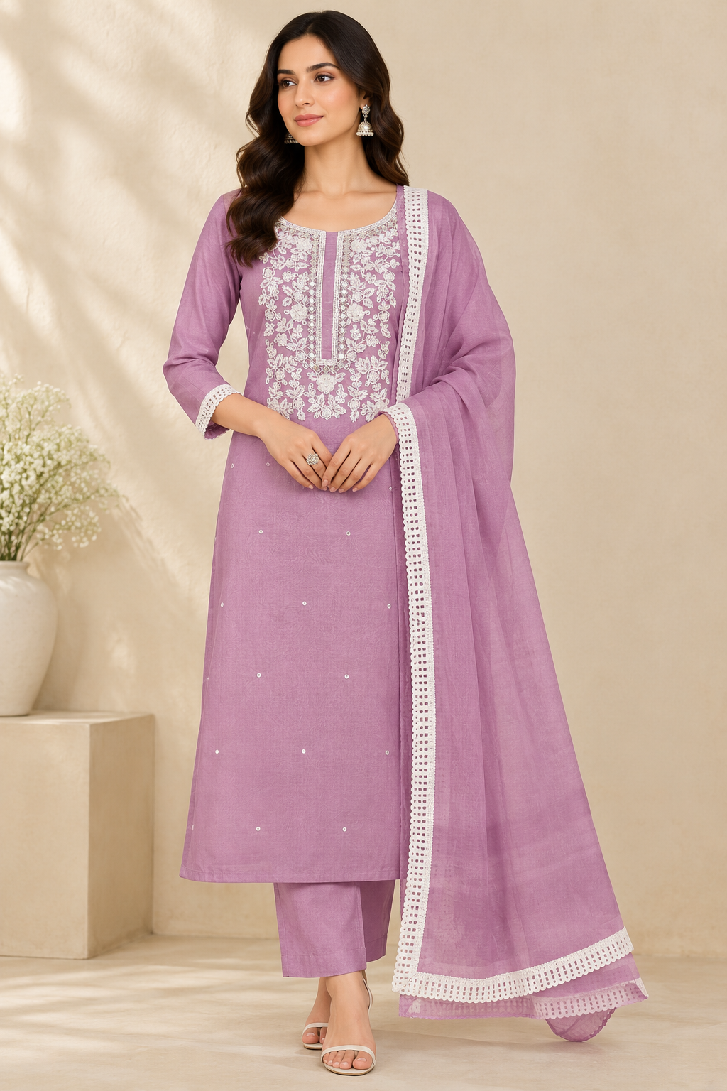 Women’s Festive Wear Unstitched Suit Set with Embroidered Kurta Fabric & Lace Border Dupatta – Lavender Pink Poly Cotton 3-Piece Dress Material
