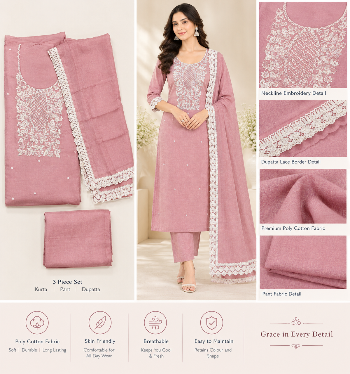 Women’s Festive Wear Unstitched Suit Set with Embroidered Kurta Fabric & Lace Border Dupatta – Antique Pink Peach Poly Cotton 3-Piece Dress Material (Copy)