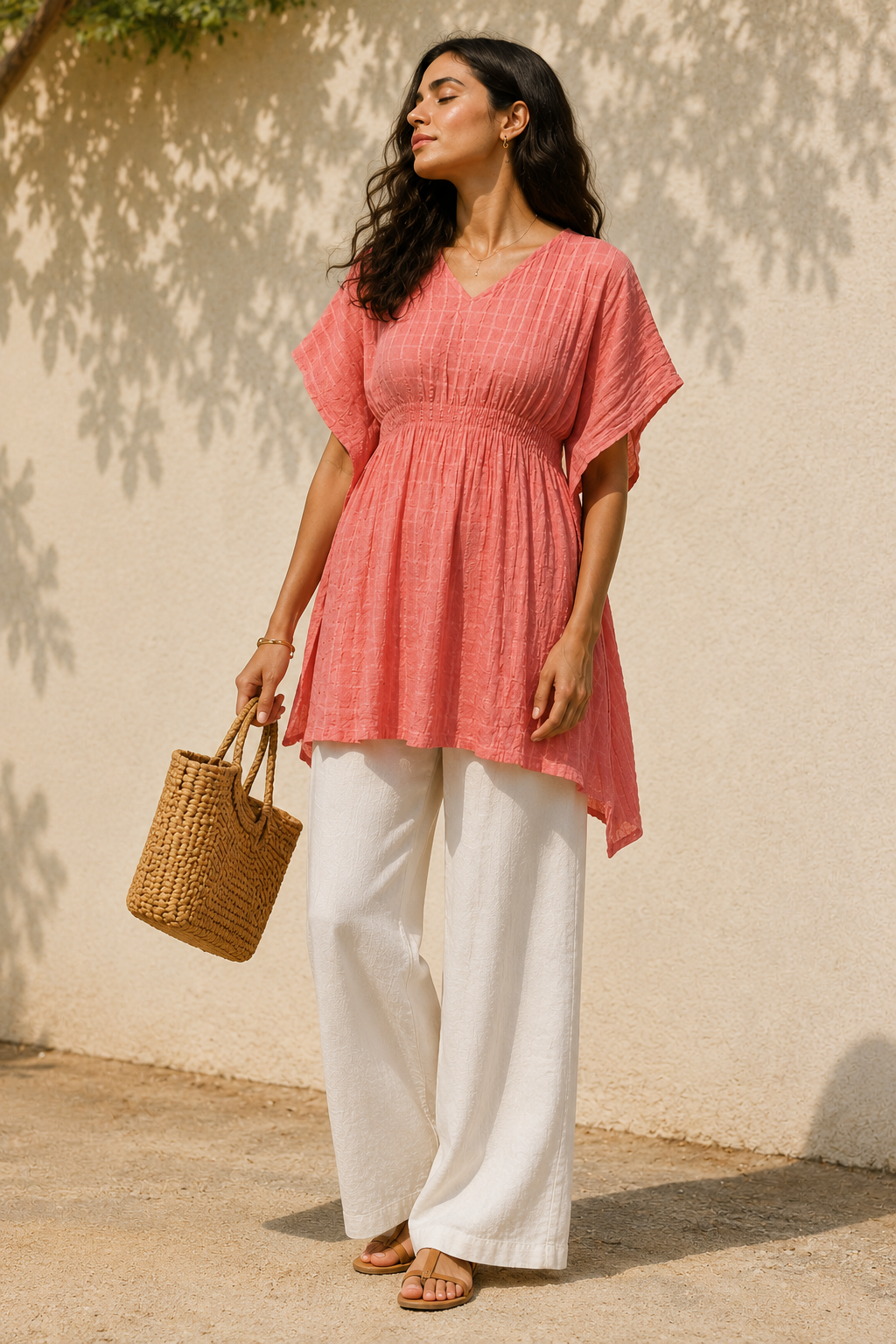 Coral Pink Textured Kaftan Top with V-Neck & Flared Hem