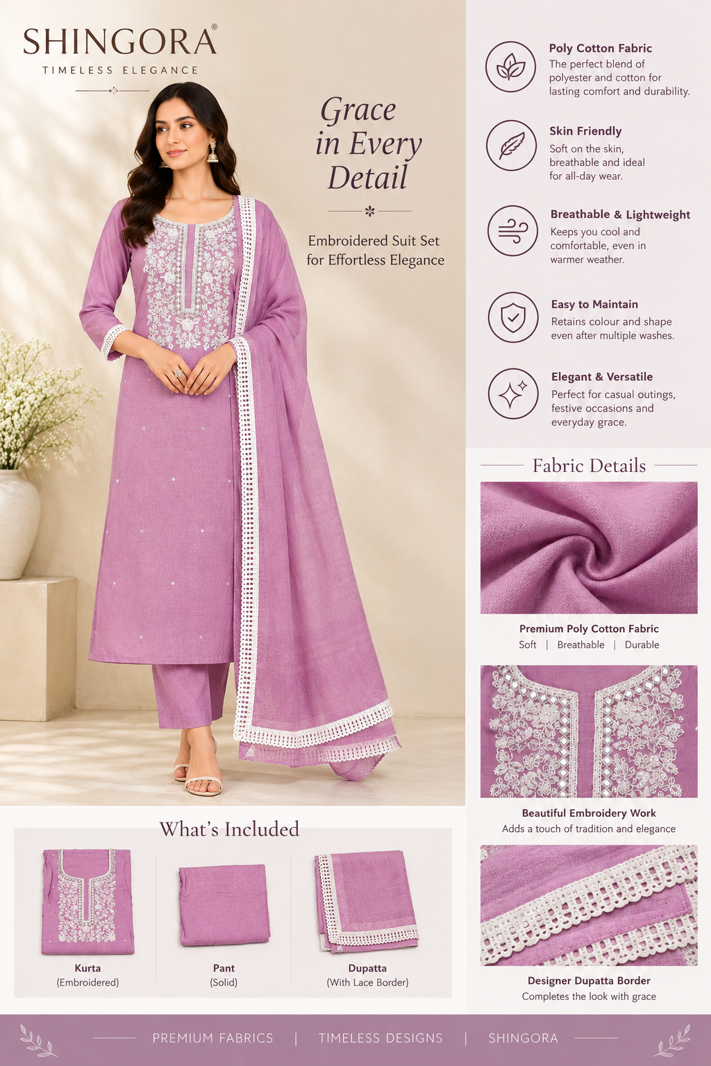 Women’s Festive Wear Unstitched Suit Set with Embroidered Kurta Fabric & Lace Border Dupatta – Lavender Pink Poly Cotton 3-Piece Dress Material