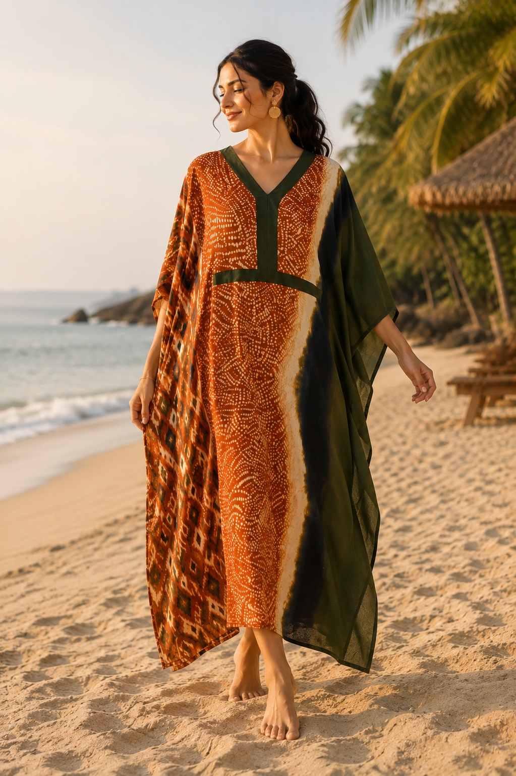 Women’s Rust Orange & Olive Printed Kaftan | V-Neck Beach & Resort Wear