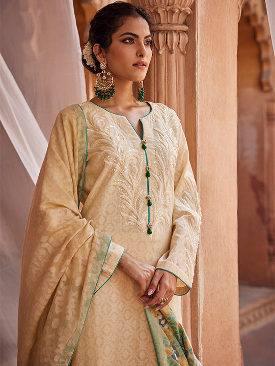 Kashida: Jacquard Embroidered Design Stitched Suit & Dupatta Set