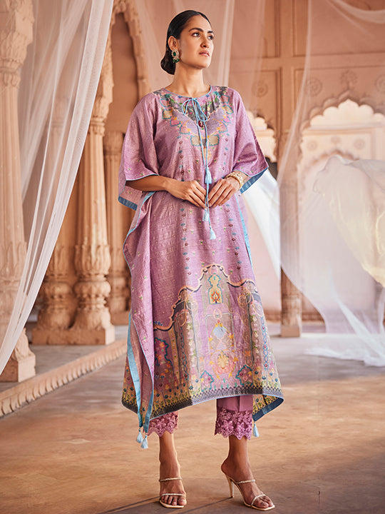 Tussar: Printed Design Kaftan Style Stitched Suit & Dupatta Set