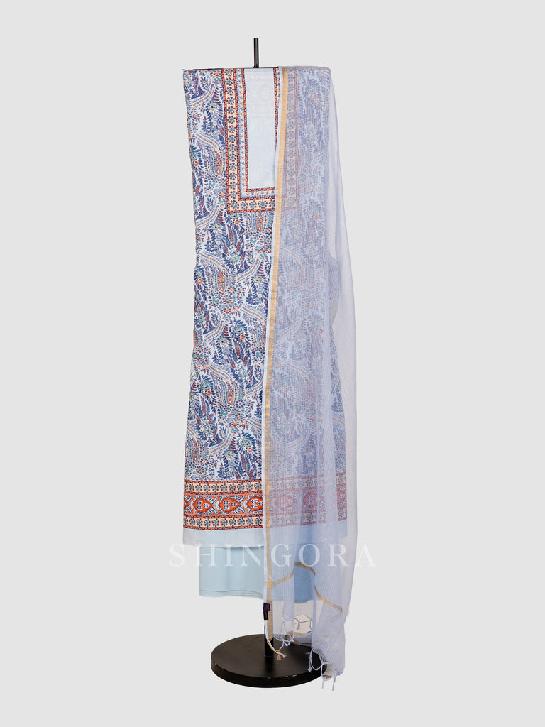 Qala: Azure Off Blue Cotton Paisley Print Unstitched Suit & Dupatta