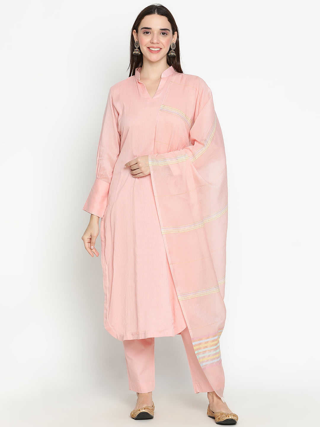 Shingora Pink Solid Mandarin Collar Stitched Suit Set
