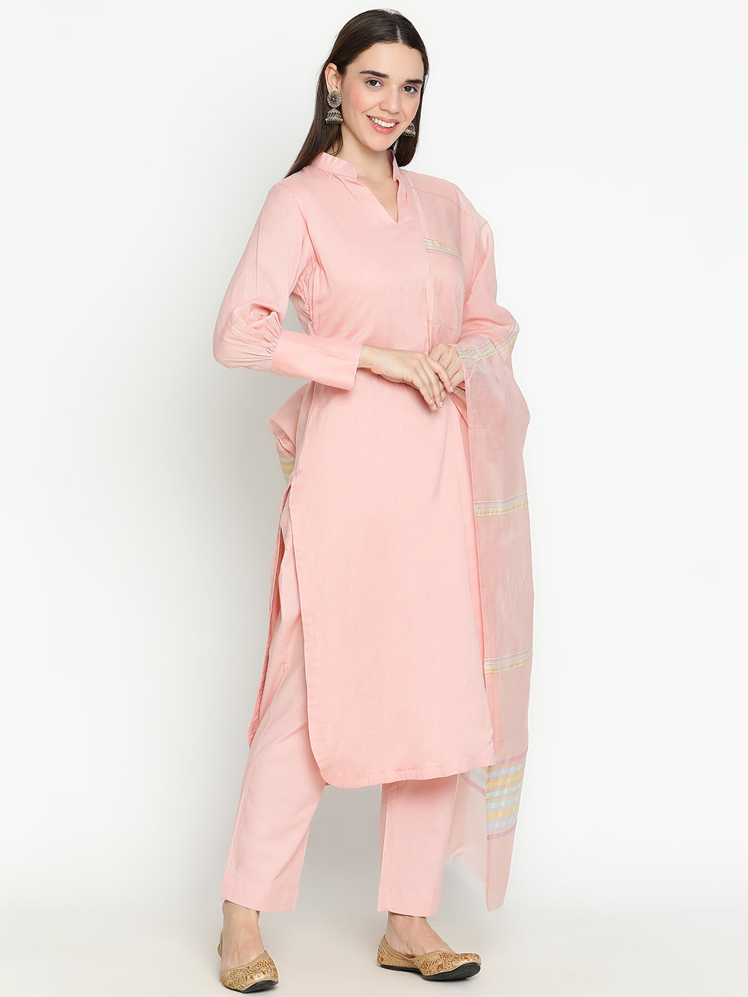 Shingora Pink Solid Mandarin Collar Stitched Suit Set
