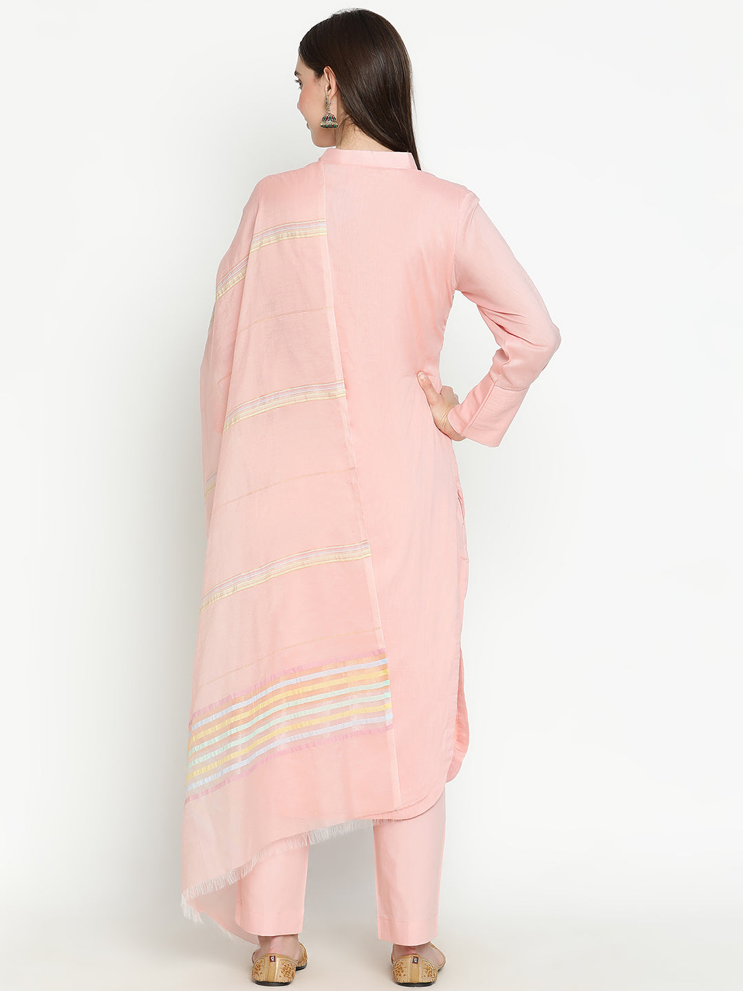 Shingora Pink Solid Mandarin Collar Stitched Suit Set