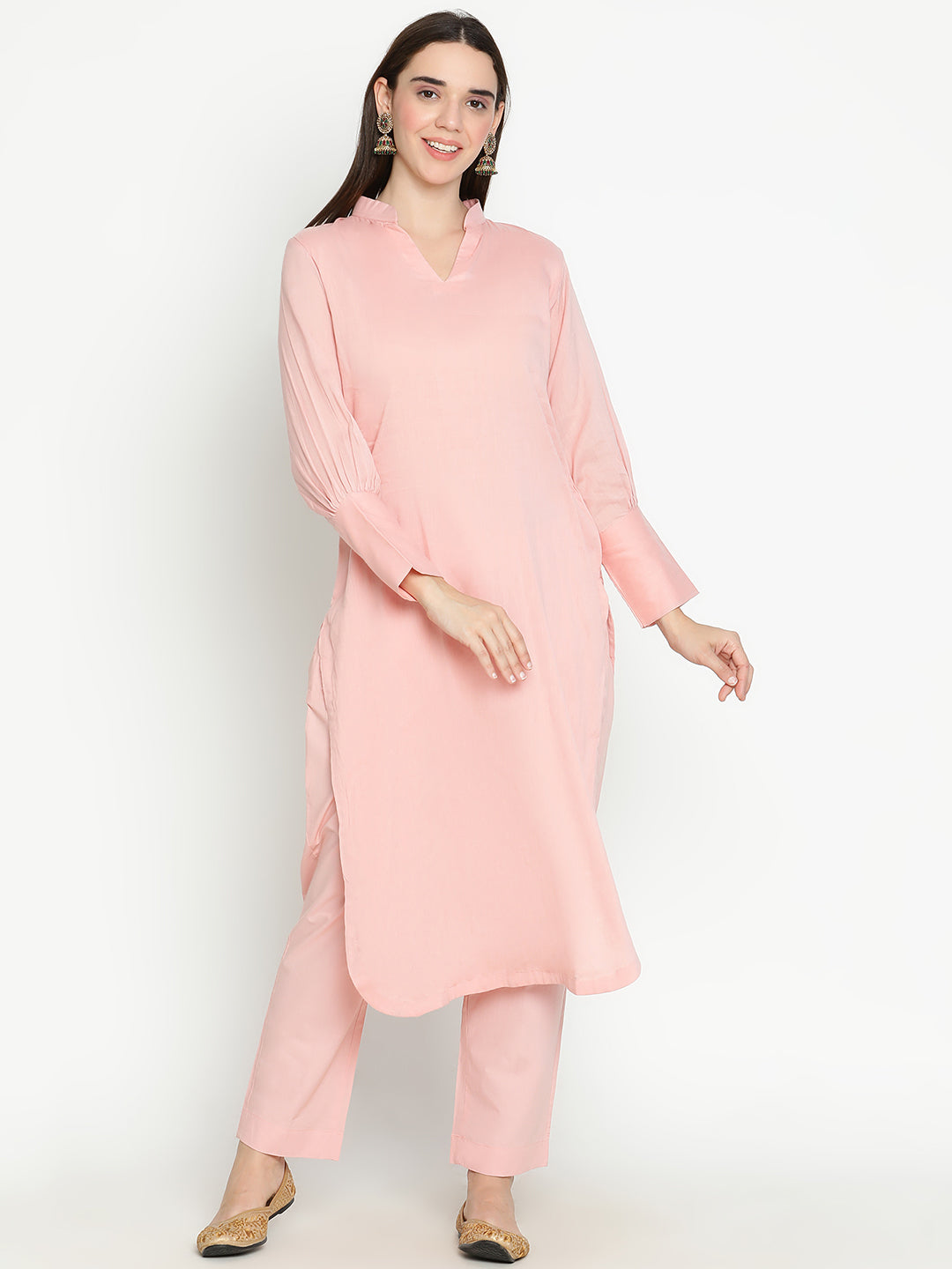 Shingora Pink Solid Mandarin Collar Stitched Suit Set