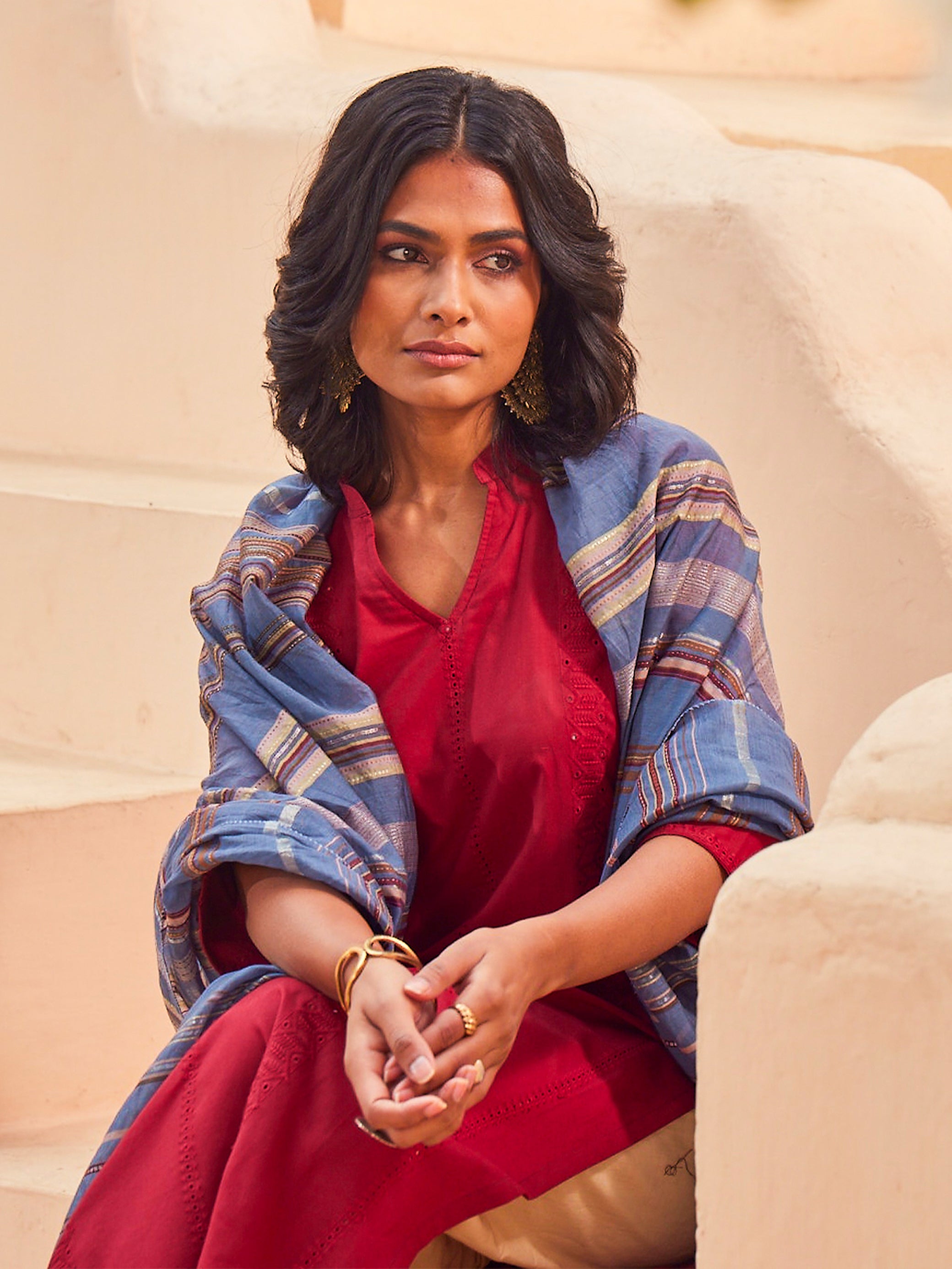 Nazakat: Cotton Unstitched Suit & Striped Dupatta