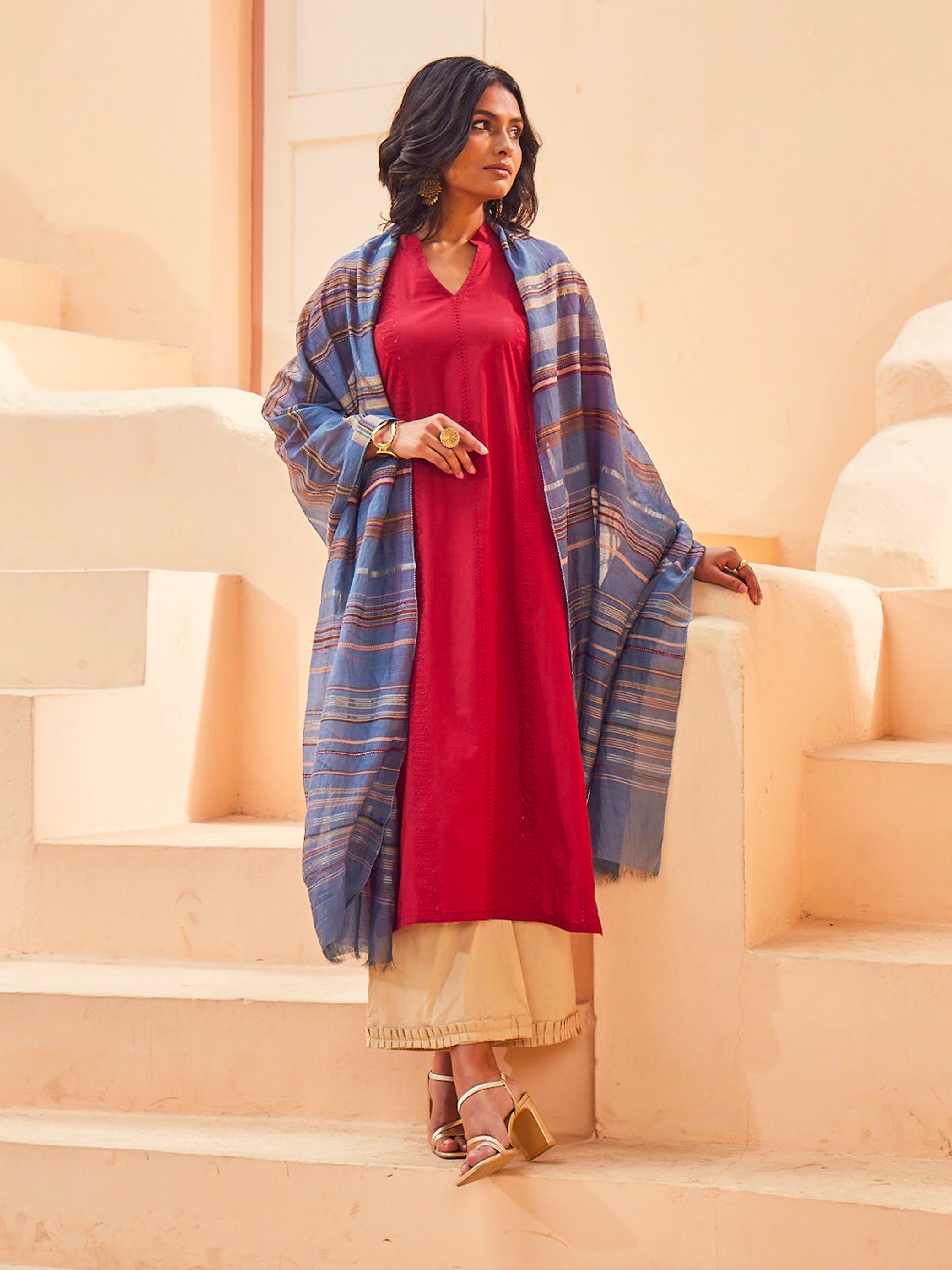 Nazakat: Cotton Unstitched Suit & Striped Dupatta