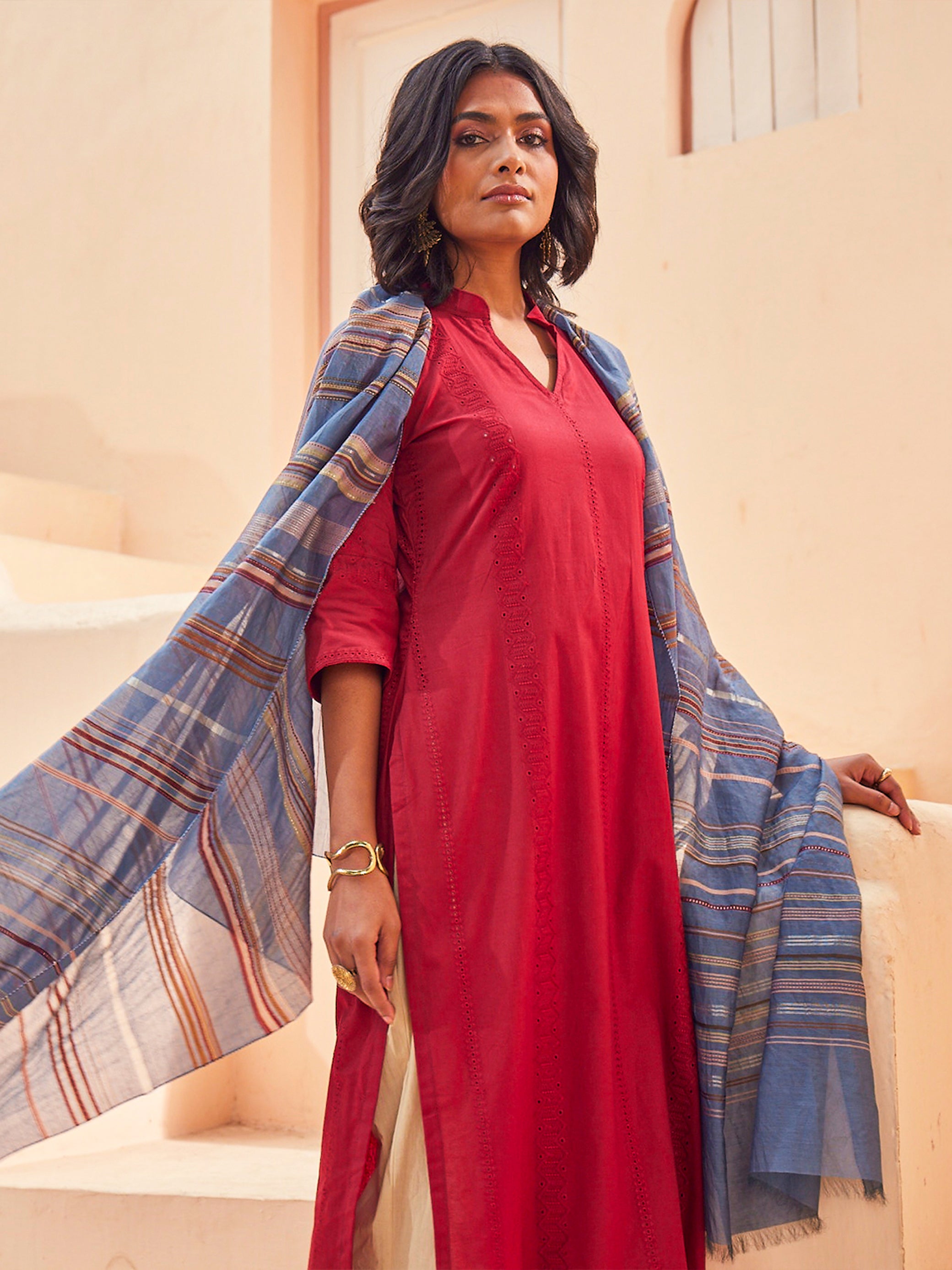 Nazakat: Cotton Unstitched Suit & Striped Dupatta