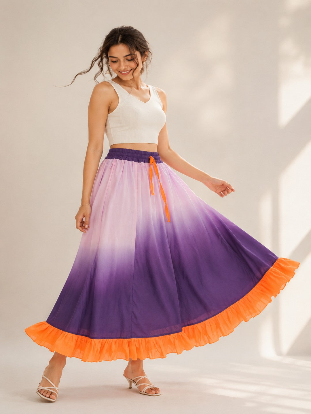 Women’s Pink & Purple Ombre Maxi Skirt with Orange Ruffle Hem