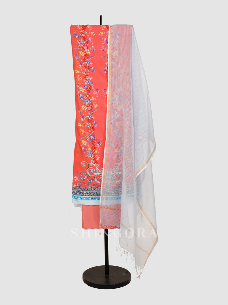 Naina: Sunset Red Cotton Petal Printed Unstitched Suit with Dupatta