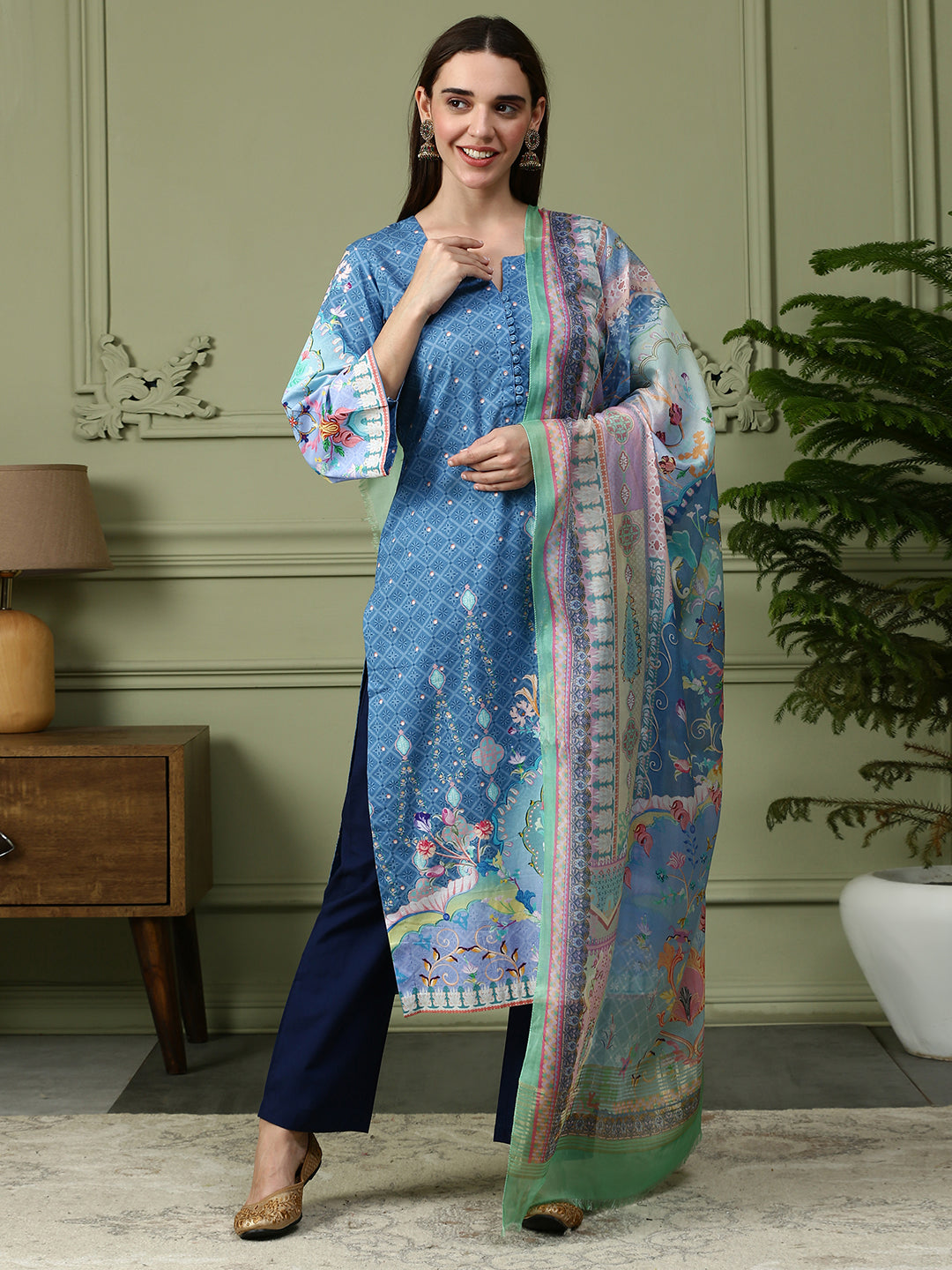 Shingora Blue Printed Notch Neck Stitched Suit Set