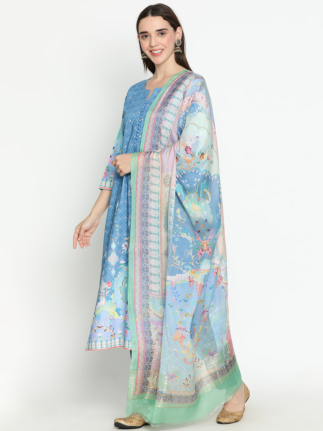 Shingora Blue Printed Notch Neck Stitched Suit Set
