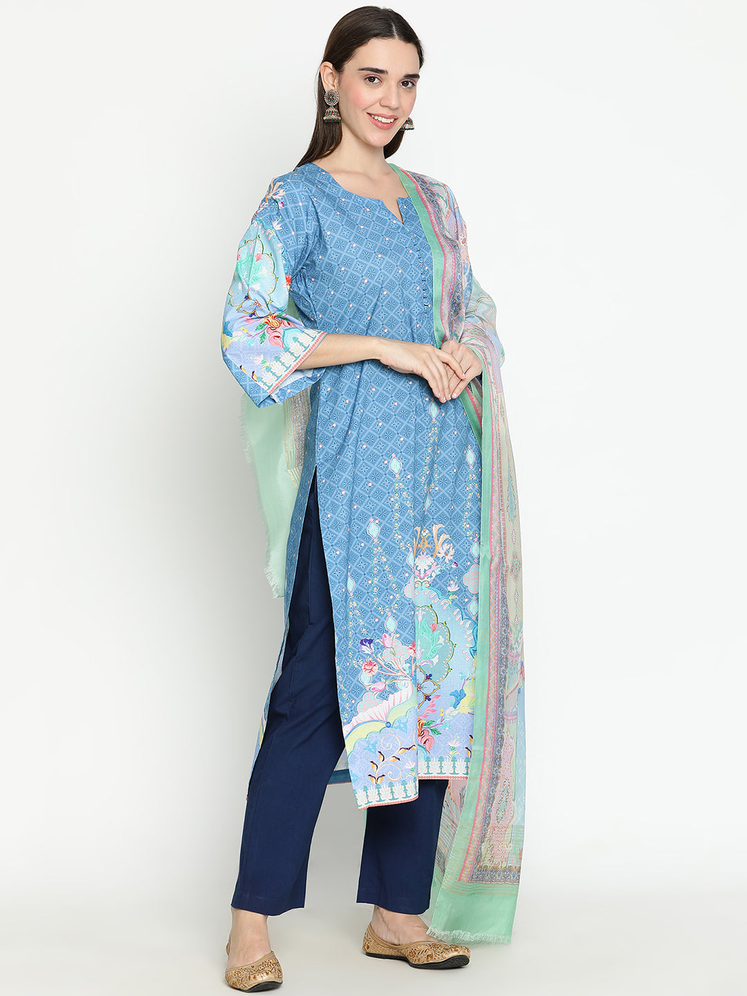 Shingora Blue Printed Notch Neck Stitched Suit Set