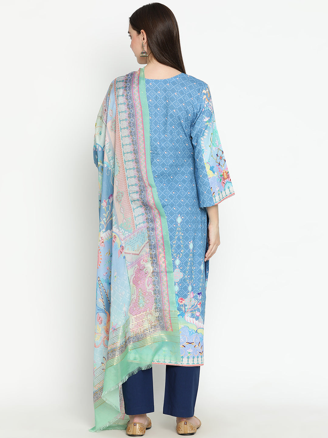 Shingora Blue Printed Notch Neck Stitched Suit Set