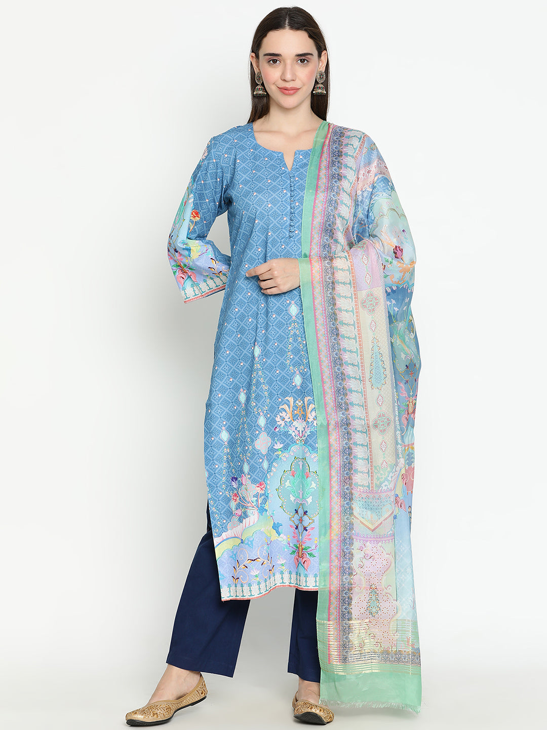 Shingora Blue Printed Notch Neck Stitched Suit Set