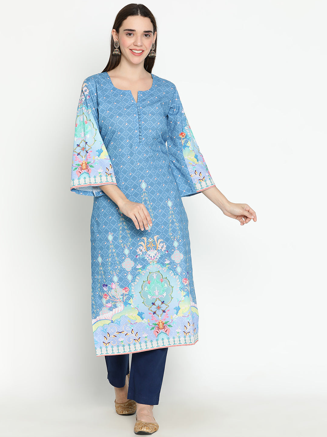 Shingora Blue Printed Notch Neck Stitched Suit Set